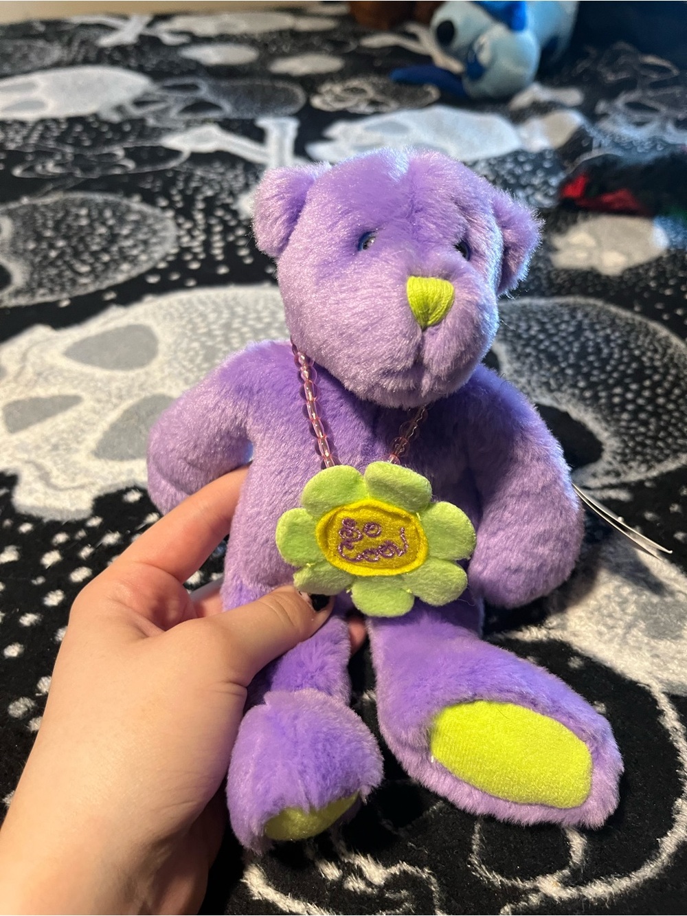 Vintage Ganz Y2K Purple Teddy Bear Plush So Cool Flower Necklace Kidcore